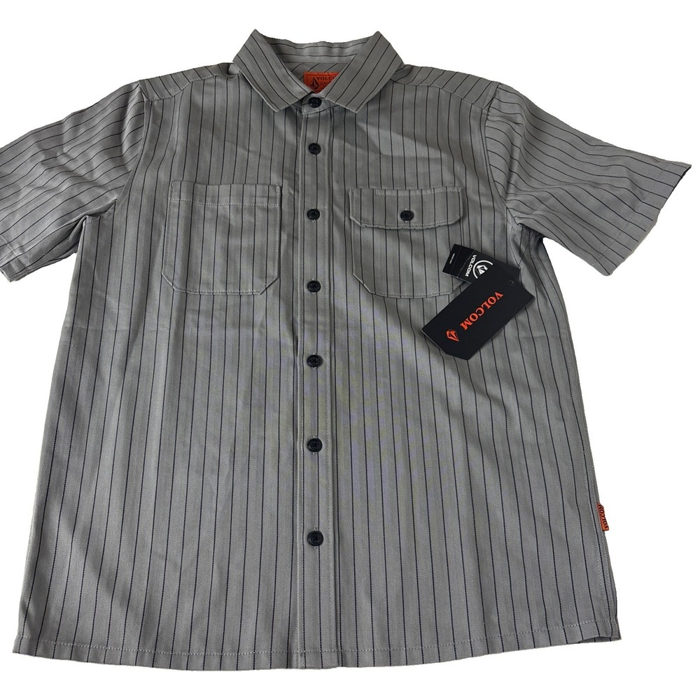 New Volcom Button Font Workwear Gray Striped Shirt Size Mens XS short sleeve